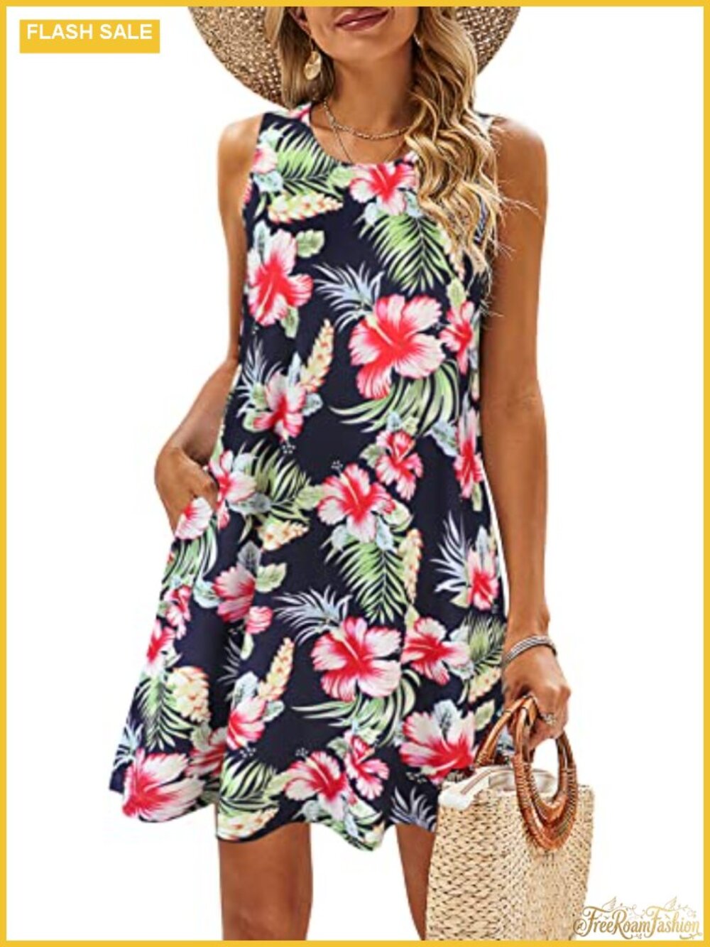 Sleeveless Floral Sundress with Pockets Boho Tank Dress
